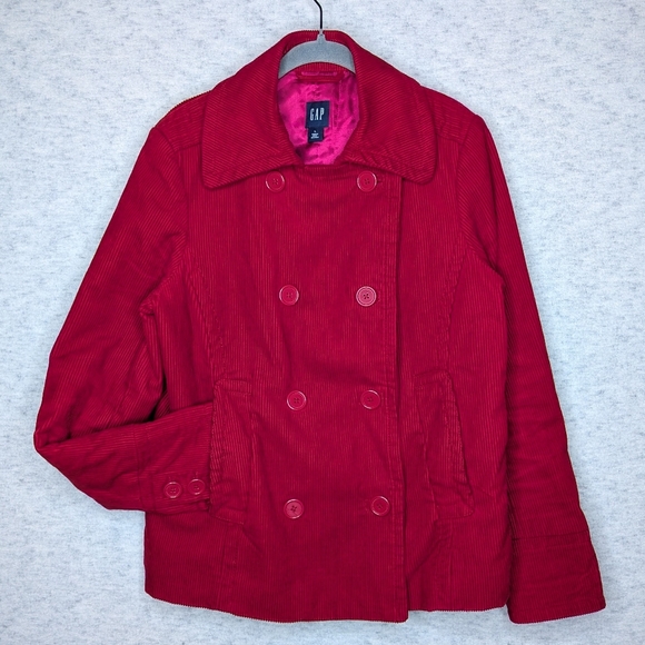 Women’s Vibrant Red Corduroy Double Breasted Jacket Sz L Insulated Lining Coat - Picture 2 of 16